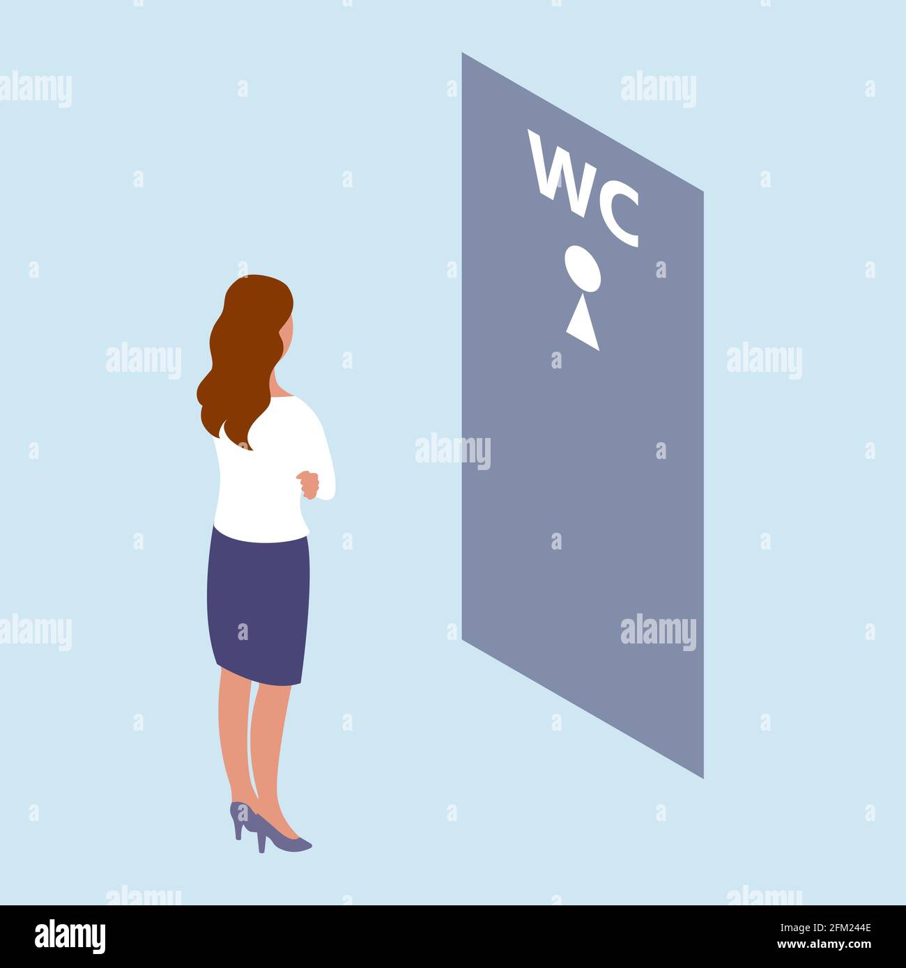 A woman stand in front of the toilet door. Female wc. Waiting for their