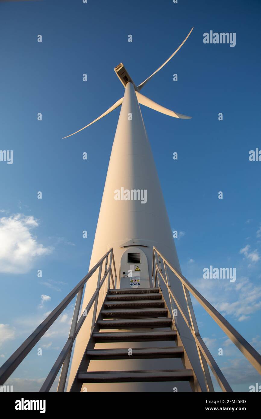 A wind turbine on the North Sea shore generating electricity Stock Photo
