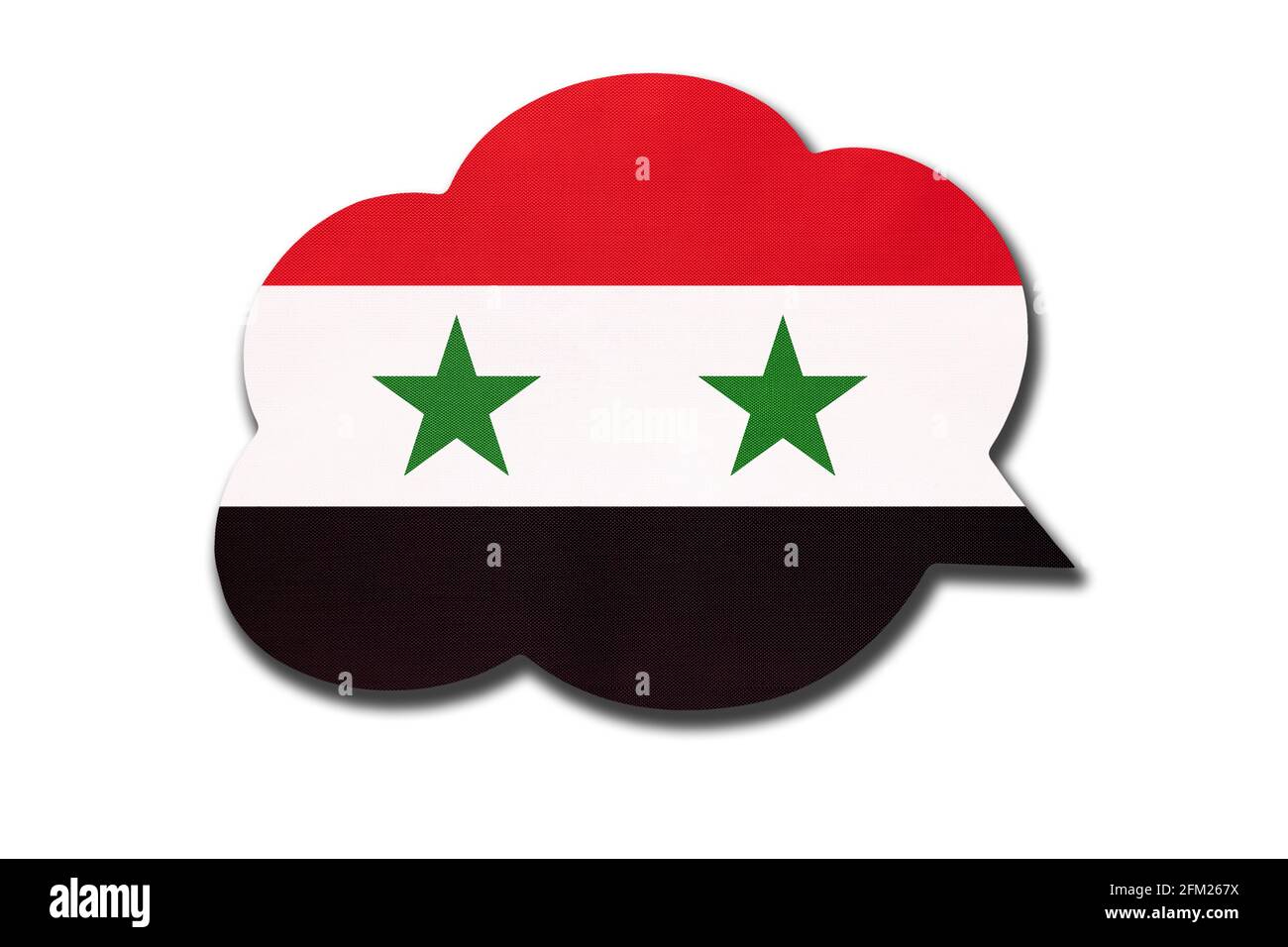 3d speech bubble with syrian national flag isolated on white background. Speak and learn language. Symbol of Syrian Arab Republic or Syria country. Wo Stock Photo