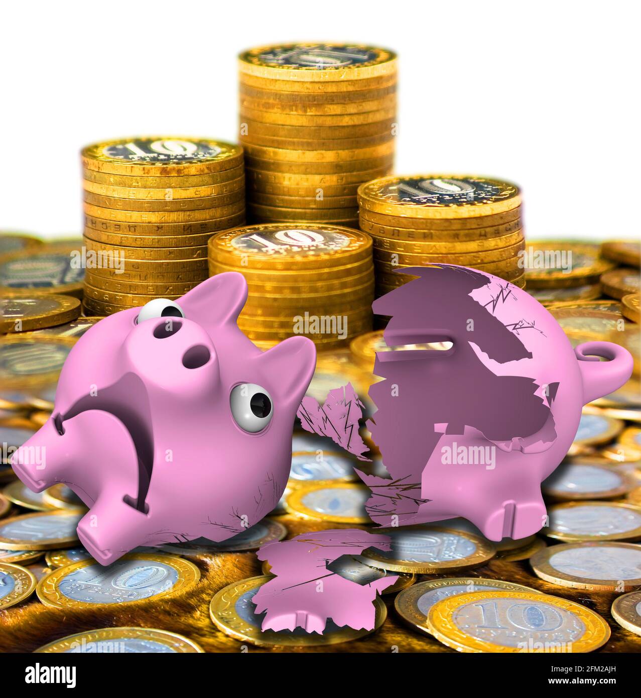 Broken piggy bank with coins. Broken money box in form of piggy on surface of Russian coins. 3D Illustration Stock Photo