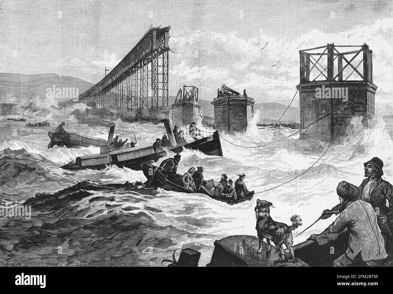 Tay Bridge Disaster. Illustration from the Illustrated London News, from January 1880, entitiled ' 'Steam Launches and Divers' Barge Employed in Search'. Stock Photo