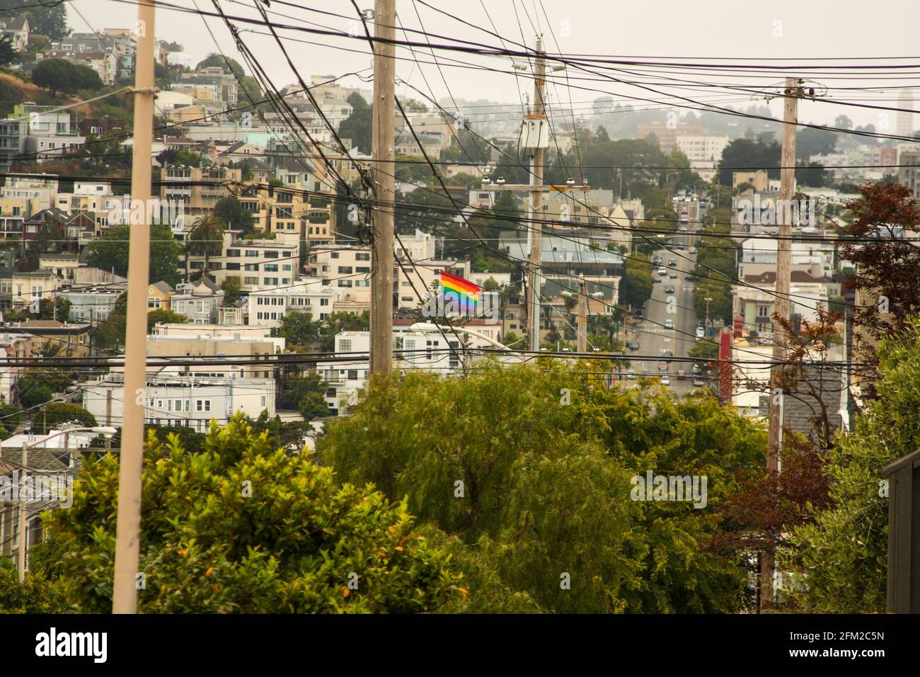 Panoramic shot of the rainbow flag in the Castro district, San Francisco - United States of America aka USA Stock Photo