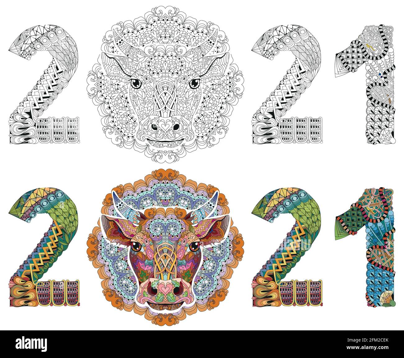 Hand drawn zentangle number 2021 with mandala and bull head for coloring, for t-shirt and other decorations. Color and outline set Stock Vector