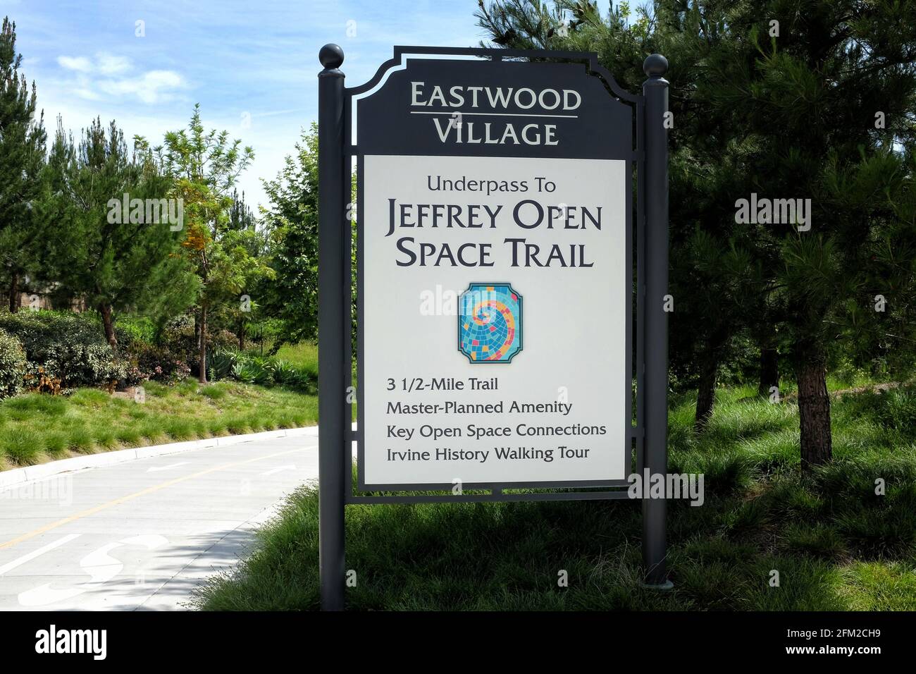 IRVINE, CALIFORNIA - 1 MAY 2021: Eastwood Village entrance sign to the Jeffrey Open Space Trail. Stock Photo