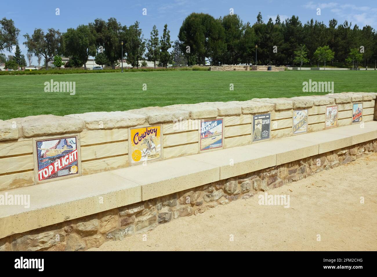 IRVINE, CALIFORNIA - 1 MAY 2021: Orange Crate Labels in Mosaic in the Orange Grove in the Jeffrey Open Sapce Trail. Stock Photo