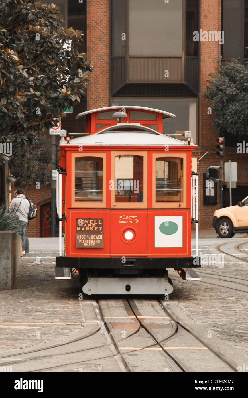 Nostalgic red cable car in Friedel Klussmann Memorial Turnaround in