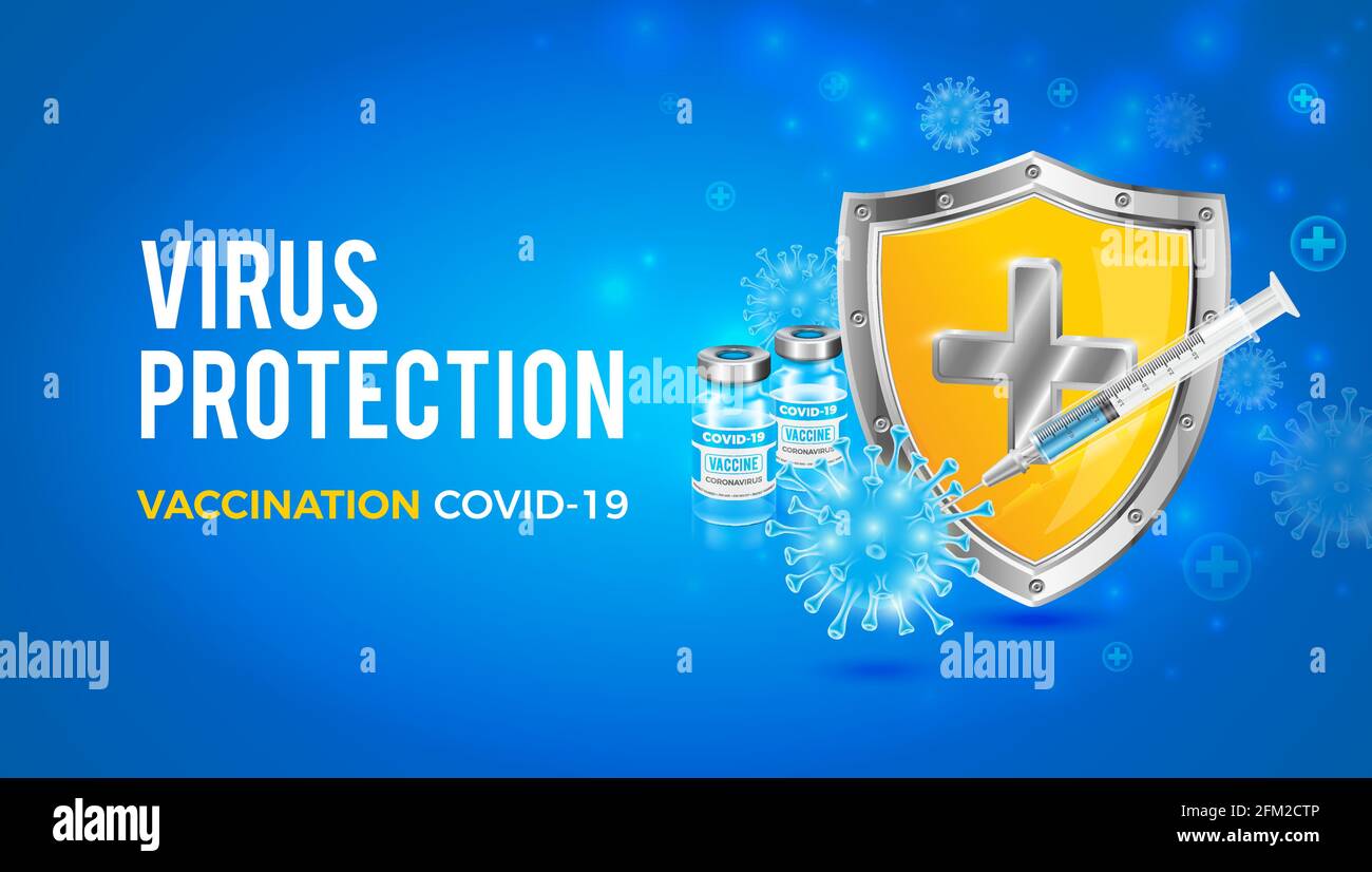 Vector background design with coronavirus vaccine. A protective shield created by vaccines against Covid-19. Antivirus protection. Stock Vector
