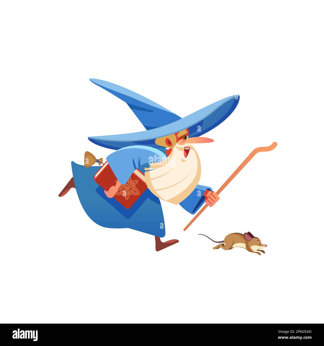 Magician runs. Wizard. Mysterious male magician in robe spelling oldster merlin vector cartoon characters. Sorcerer character in costume, witchcraft Stock Vector