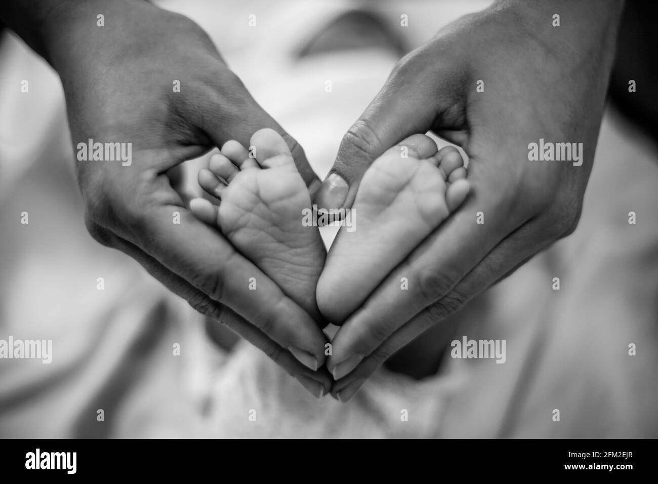 Newborn baby feet in its mother's hands shaped like a heart. Mother showing her love and affection. Black and white Stock Photo
