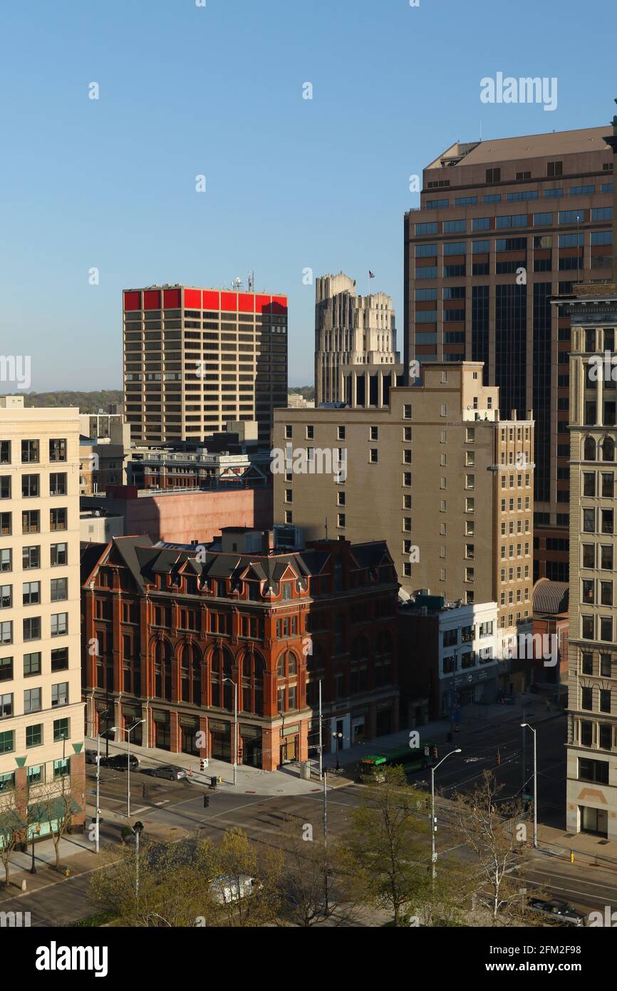Dayton downtown buildings in morning light. View from Crown Plaza Hotel, Dayton, Ohio, USA. Stock Photo