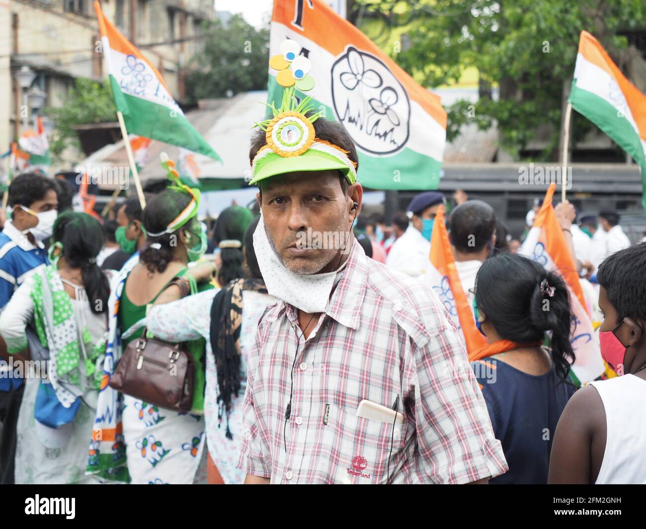 KOLKATA, INDIA - May 02, 2021: Trinamool Congress party member and activist gathered after Mamata Banerjee win in 2021  West Bengal election Stock Photo