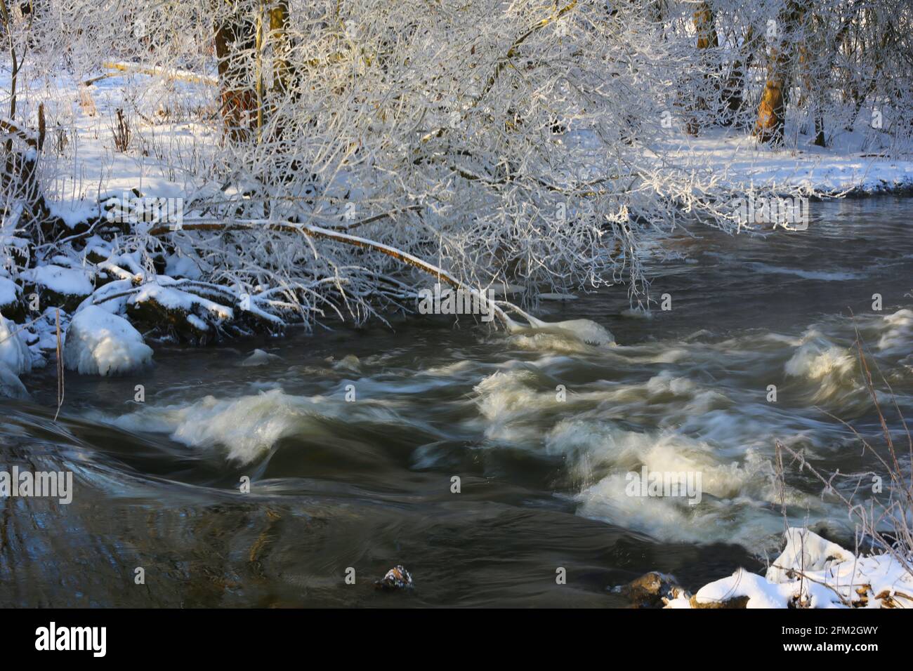 Winterlicher Fluss mit Schnee und Eis und Bäumen und Pflanzen in eisiger Kälte aufgenommen! Standort Hahnbach bei Amberg Oberpfalz Stock Photo