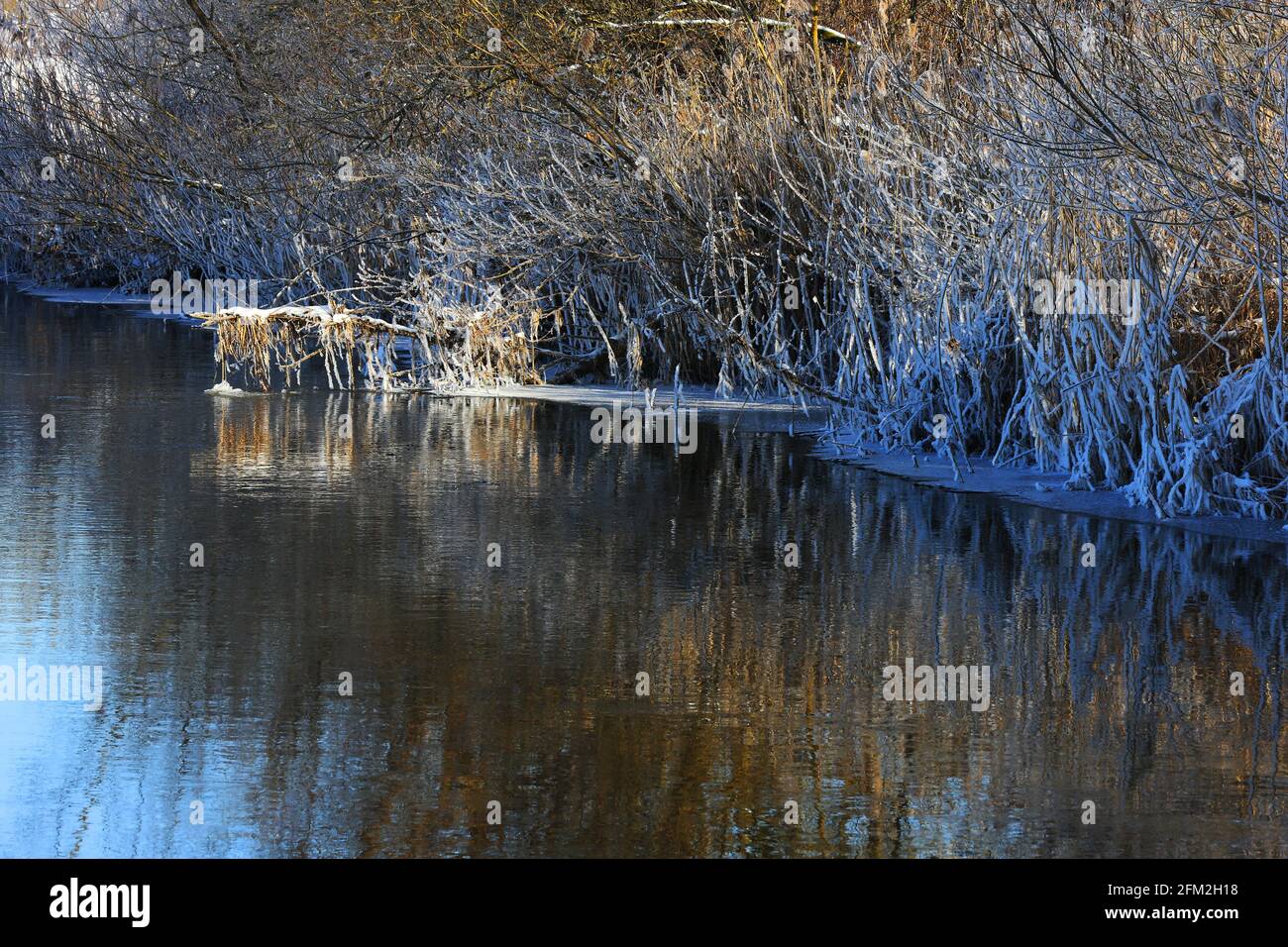 Winterlicher Fluss mit Schnee und Eis und Bäumen und Pflanzen in eisiger Kälte aufgenommen! Standort Hahnbach bei Amberg Oberpfalz Stock Photo