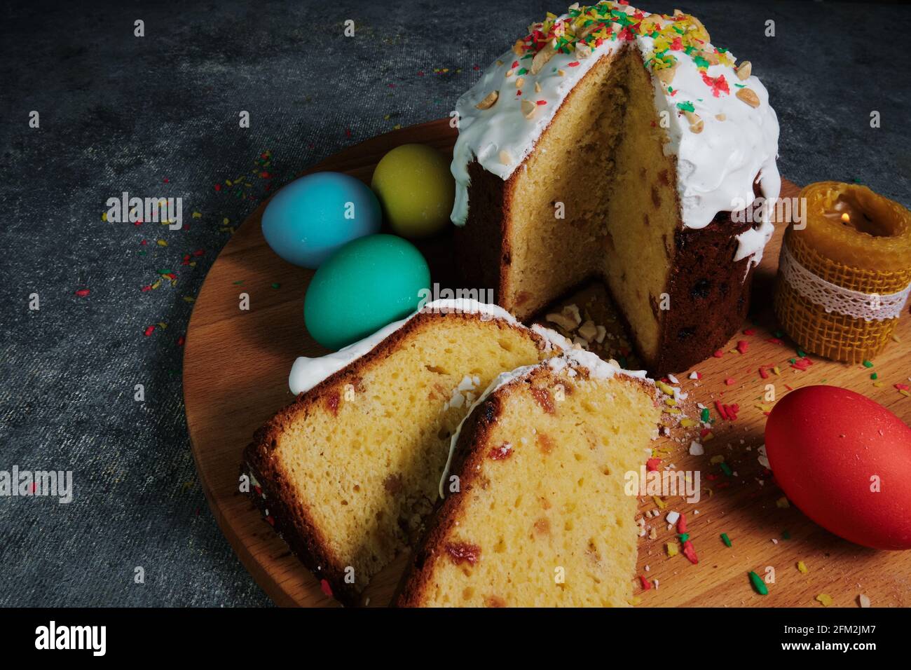 Easter cake and colorful Easter eggs. Stock Photo