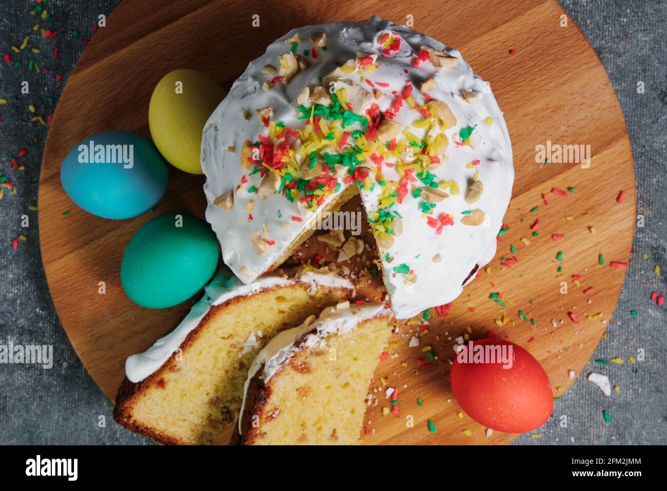 Easter cake and colorful Easter eggs. Stock Photo