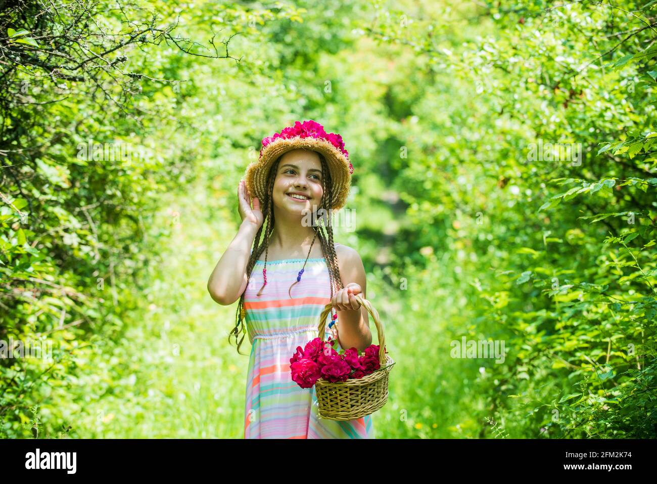 Pleasant Smile Girl With Rose Flowers Green Nature Gather Flower Bouquet In Basket Stock