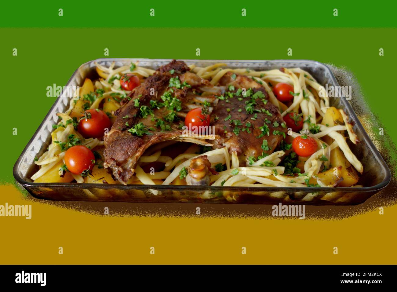 Tray with lamb steak on stylized backgrounds Stock Photo - Alamy
