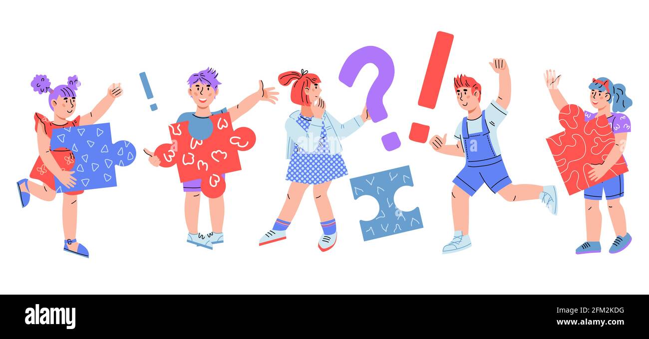 Smart clever kids among question marks and pieces of puzzle. Children  asking questions and having smart solution, solving puzzle or task, cartoon  vect Stock Vector Image & Art - Alamy