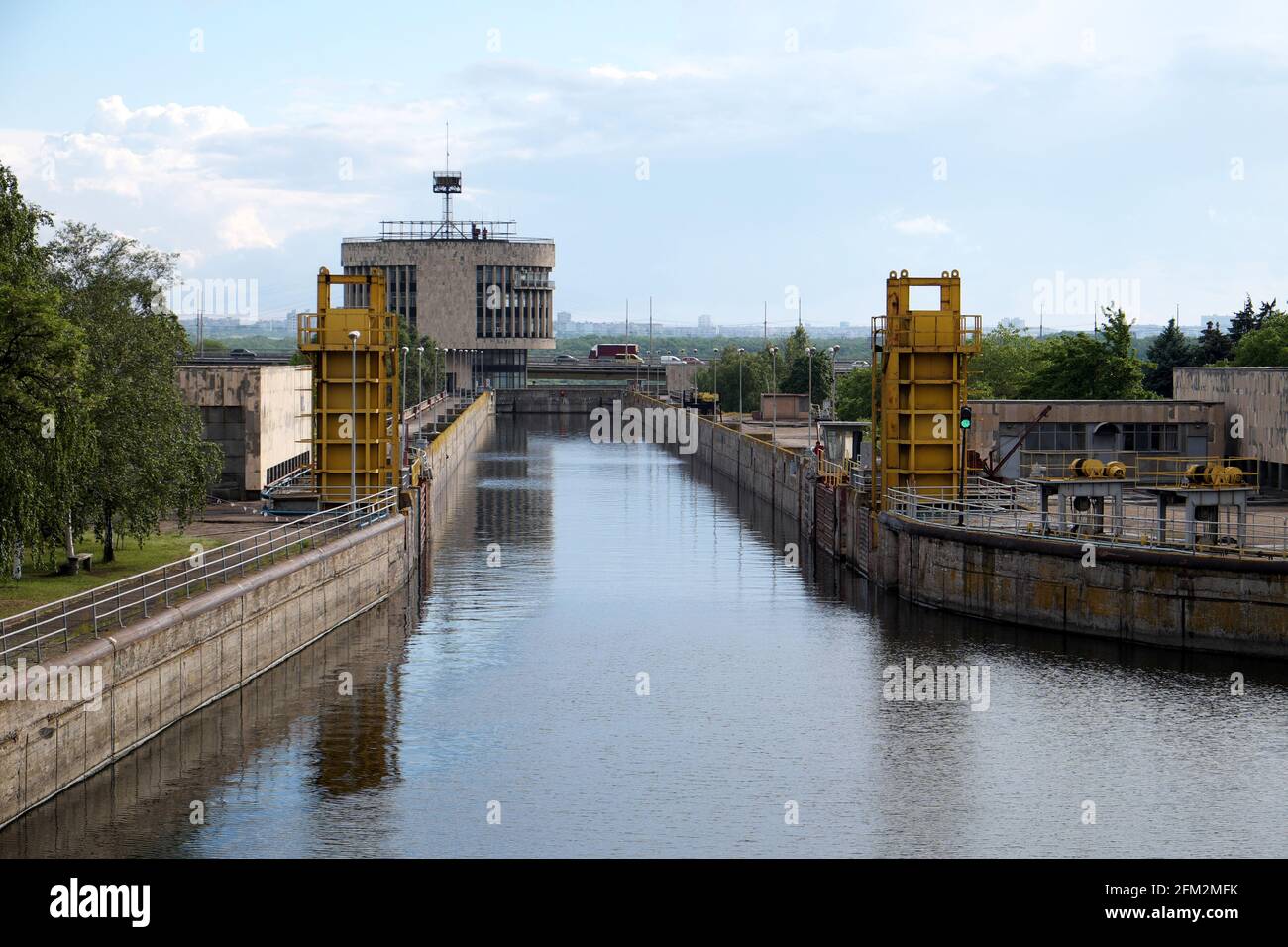 Entering the lock, Dnieper Hydroelectric Station Dam, River Dnieper, Zaporozhye, Ukraine. Stock Photo