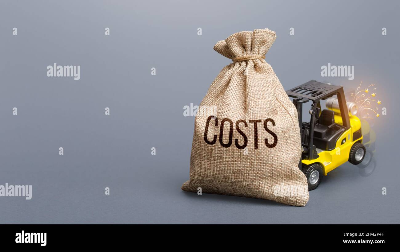 Forklift unable to lift the bag with Costs. Reducing high maintenance cost. Tax burden. Debt burden. Expenses over budget, deficit. Insufficient fundi Stock Photo