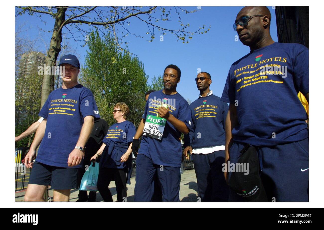 Ex boxer Michael Watson who was injured in his fight with Chris Eubank is running the London marathon to collect money for charity. He started on sunday with all the other athlets and hopes to finish on Sat.pic David Sandison 17/4/2003 Stock Photo
