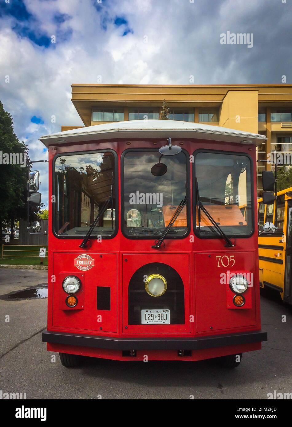 Ontario, Canada, Sept 2019, close up of a red Kingston Trolley Bus use for a guided tour of the city Stock Photo