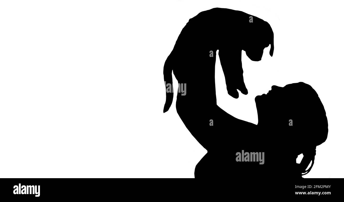 Silhouette of a girl playfully holding up a puppy dog Stock Photo