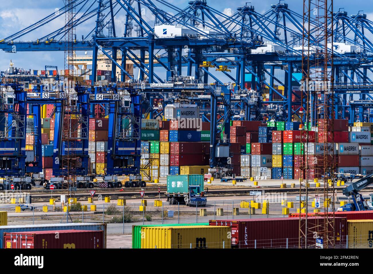 UK Port Congestion - Busy time at Felixstowe Port in the UK as the UK leaves the EU and pandemic shipments increase. Stock Photo