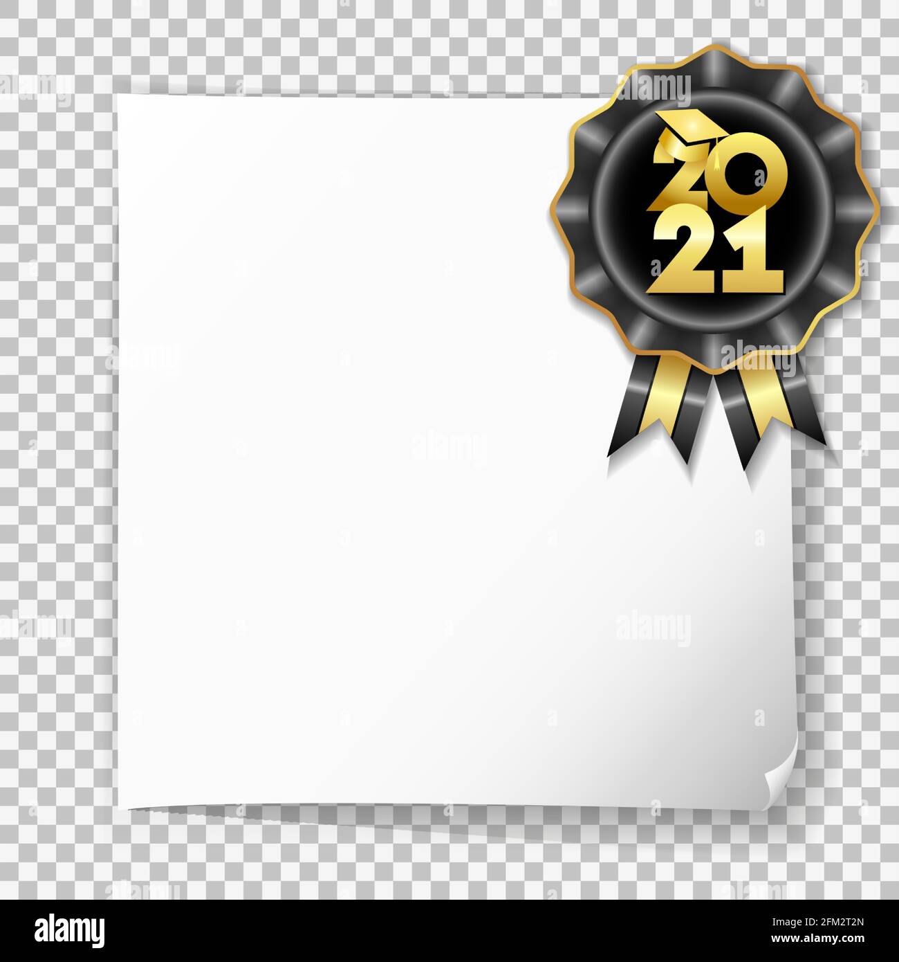 Class of 2021 white post note paper graduates poster with gold graduation cap on black rosette on transparent background. Template for party design Stock Vector