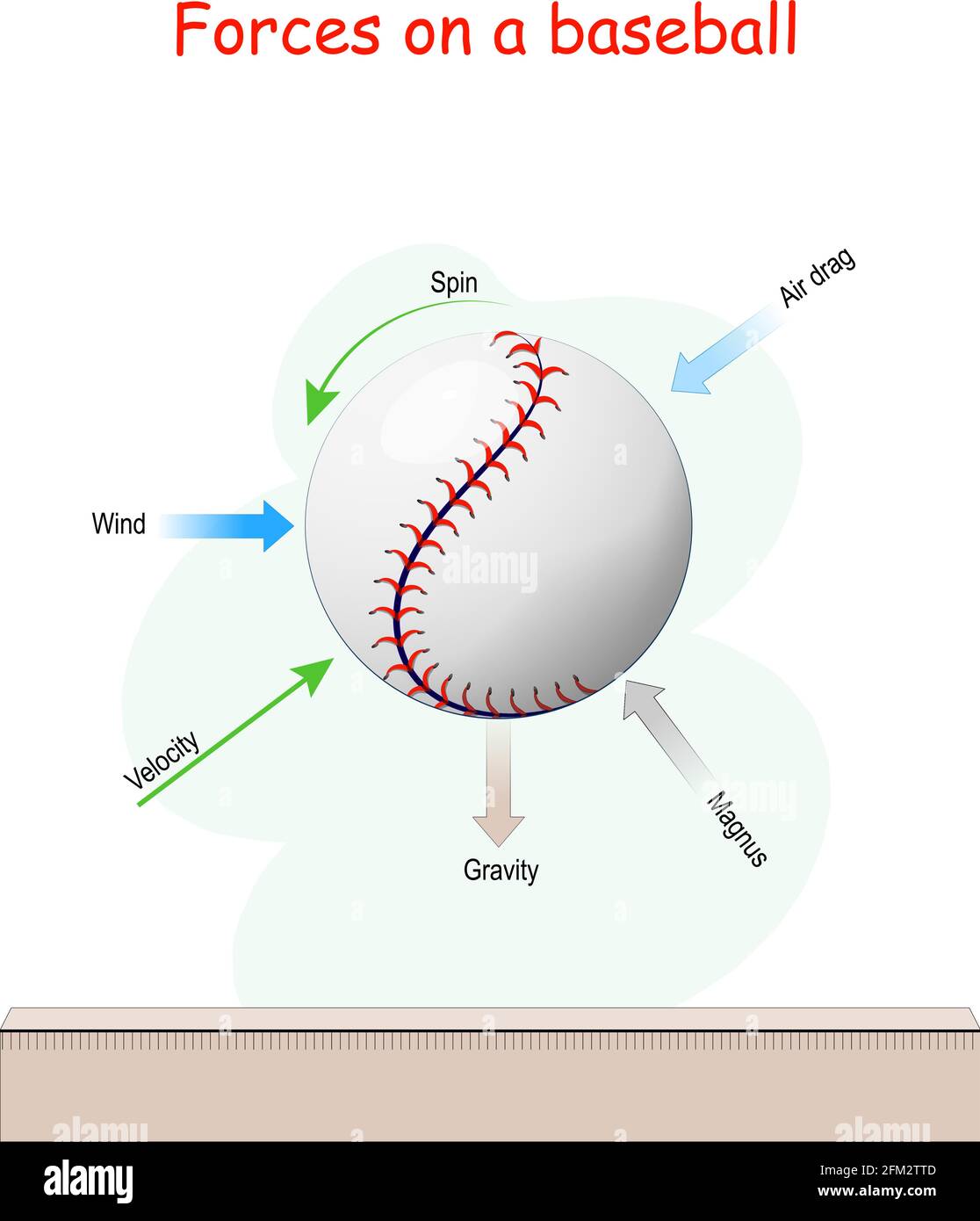 Forces acting on a baseball in flight: Gravity, wind, Velocity, spin, Air drag, and Magnus Force. Vector illustration Stock Vector