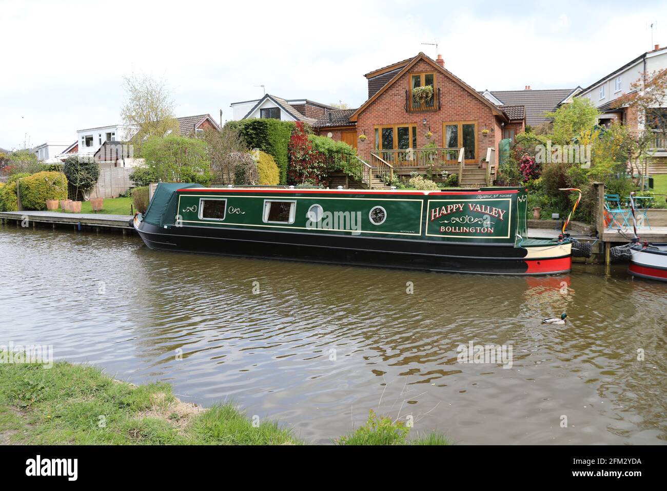 Happy Valley canal boat moored at Bollington in Cheshire Stock Photo