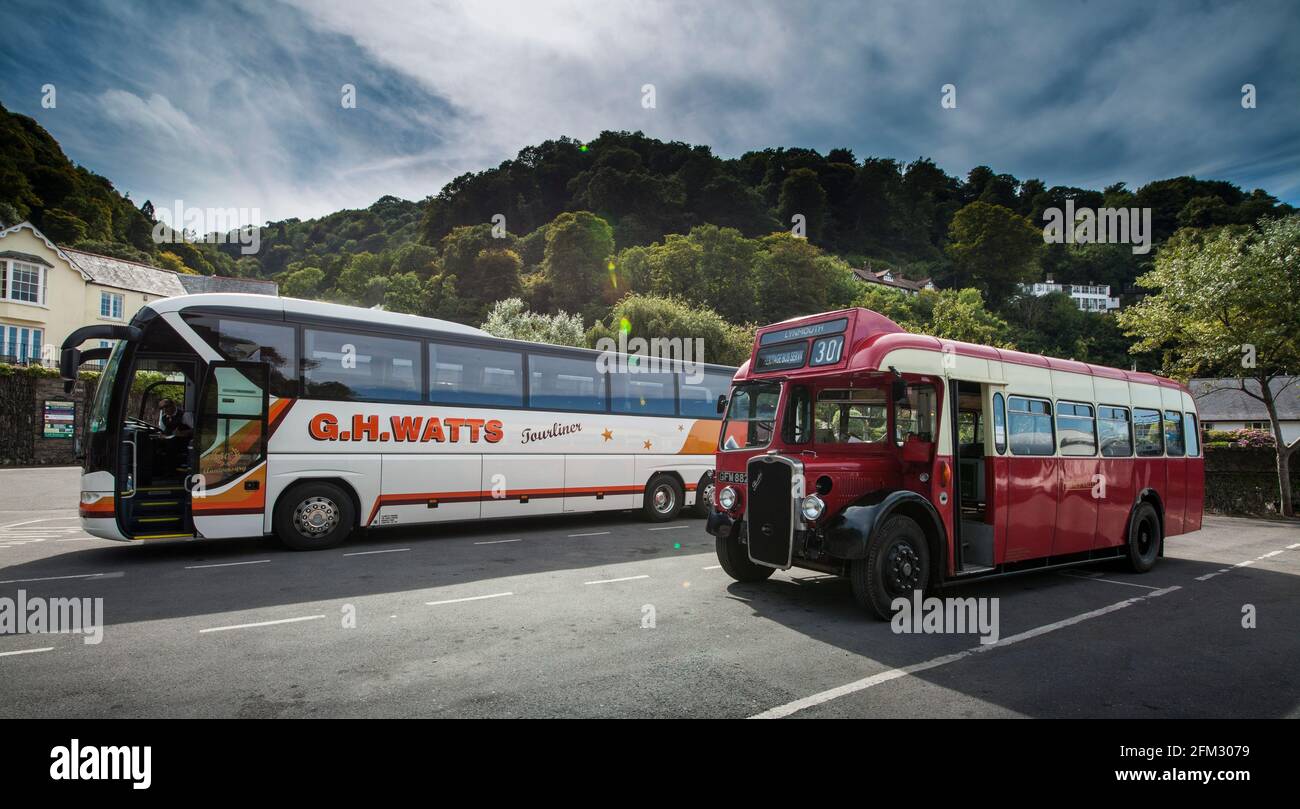 The old with the coach's in a car park. Stock Photo
