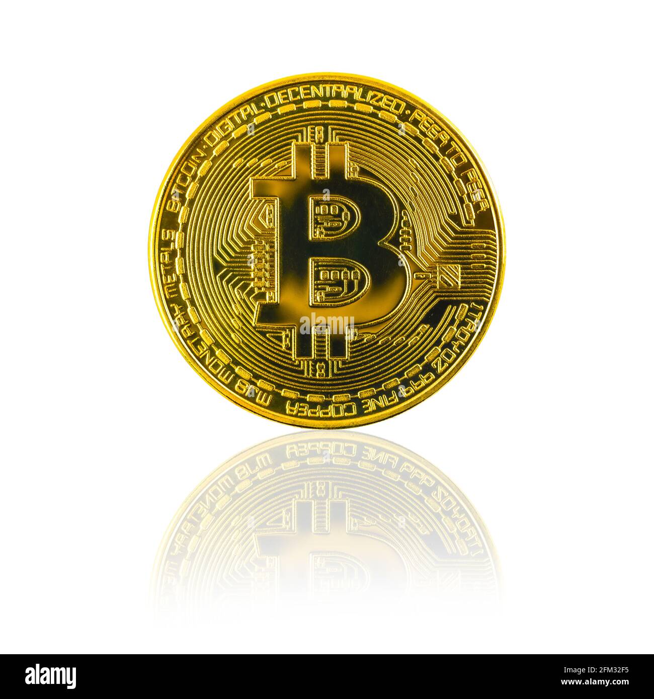 Bitcoin with reflection isolated on white background, crypto currency coin  on the glass table Stock Photo - Alamy