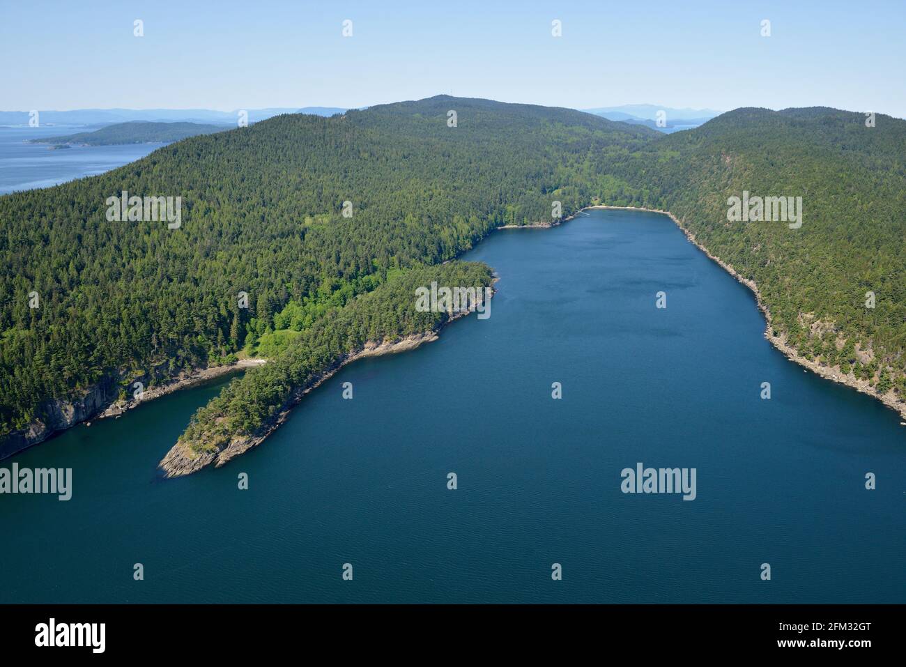 Aerial photo of Narvaez Bay, Gulf Islands National Park Reserve of Canada, Saturna Island, British Columbia, Canada. Stock Photo