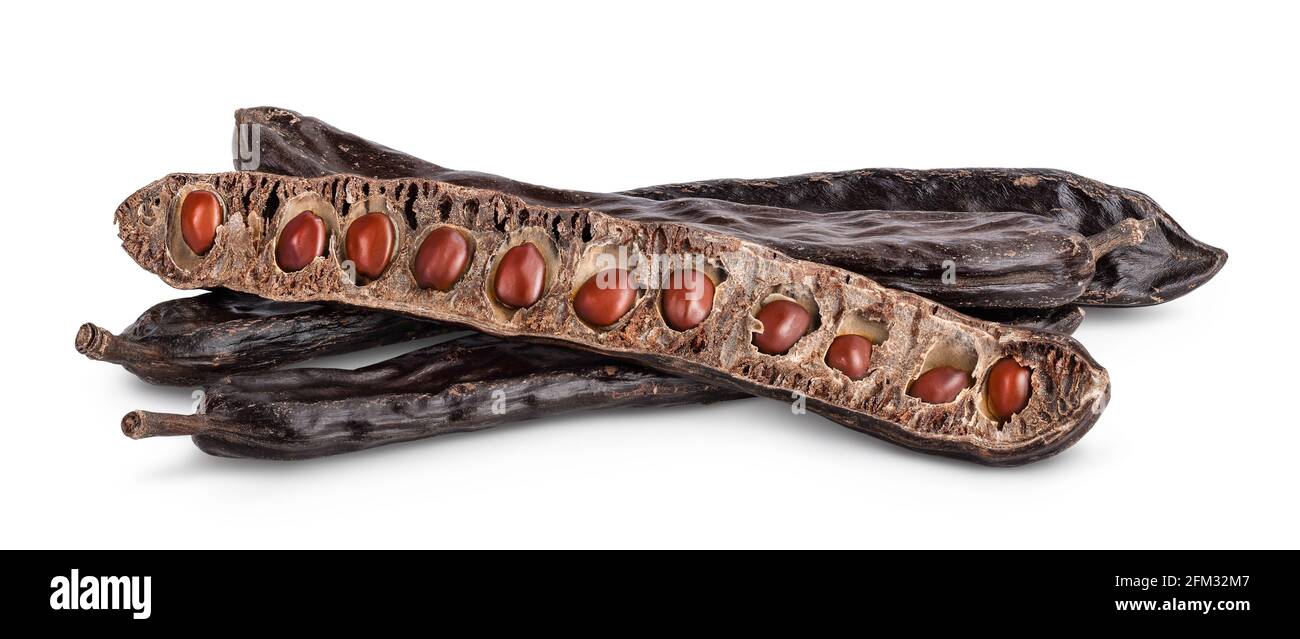 Ripe carob pods and bean isolated on white background with clipping