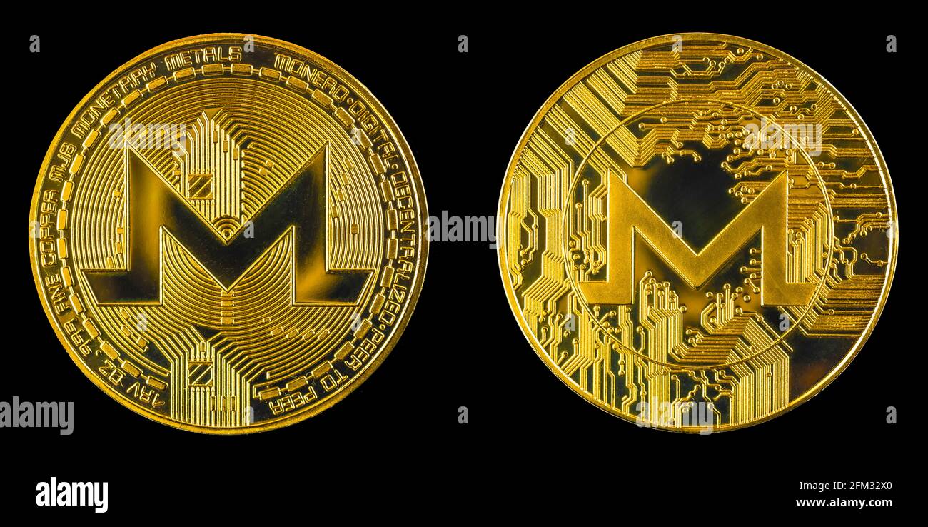 Monero crypto coin isolated on black background, both side on golden  cryptocurrency coin, close-up view photo Stock Photo - Alamy