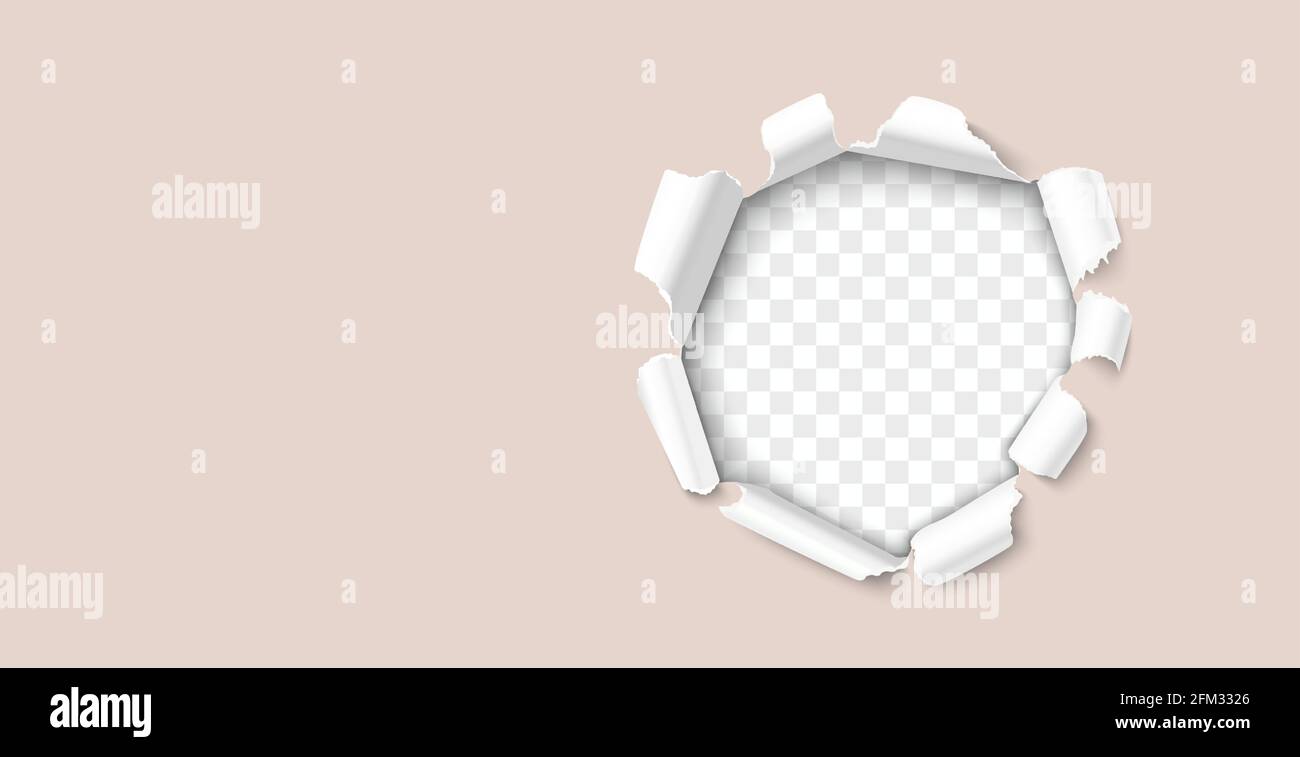 Torn hole in the sheet of paper. Realistic vector template for web
