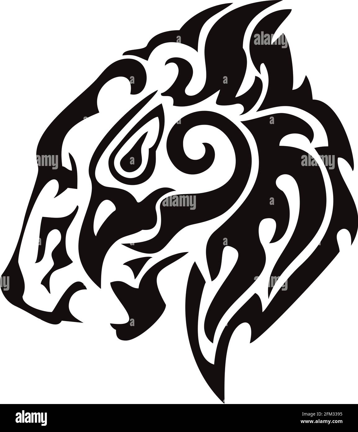 Flaming stylized twirled eagle head with the lion's head with an open mouth in tribal style. Black on White Stock Photo