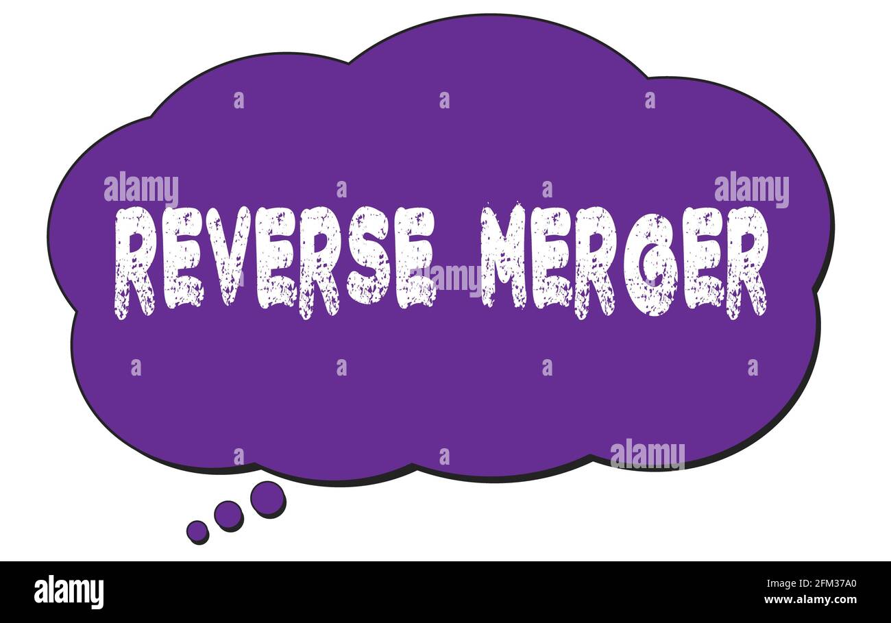 REVERSE  MERGER text written on a violet thought cloud bubble. Stock Photo