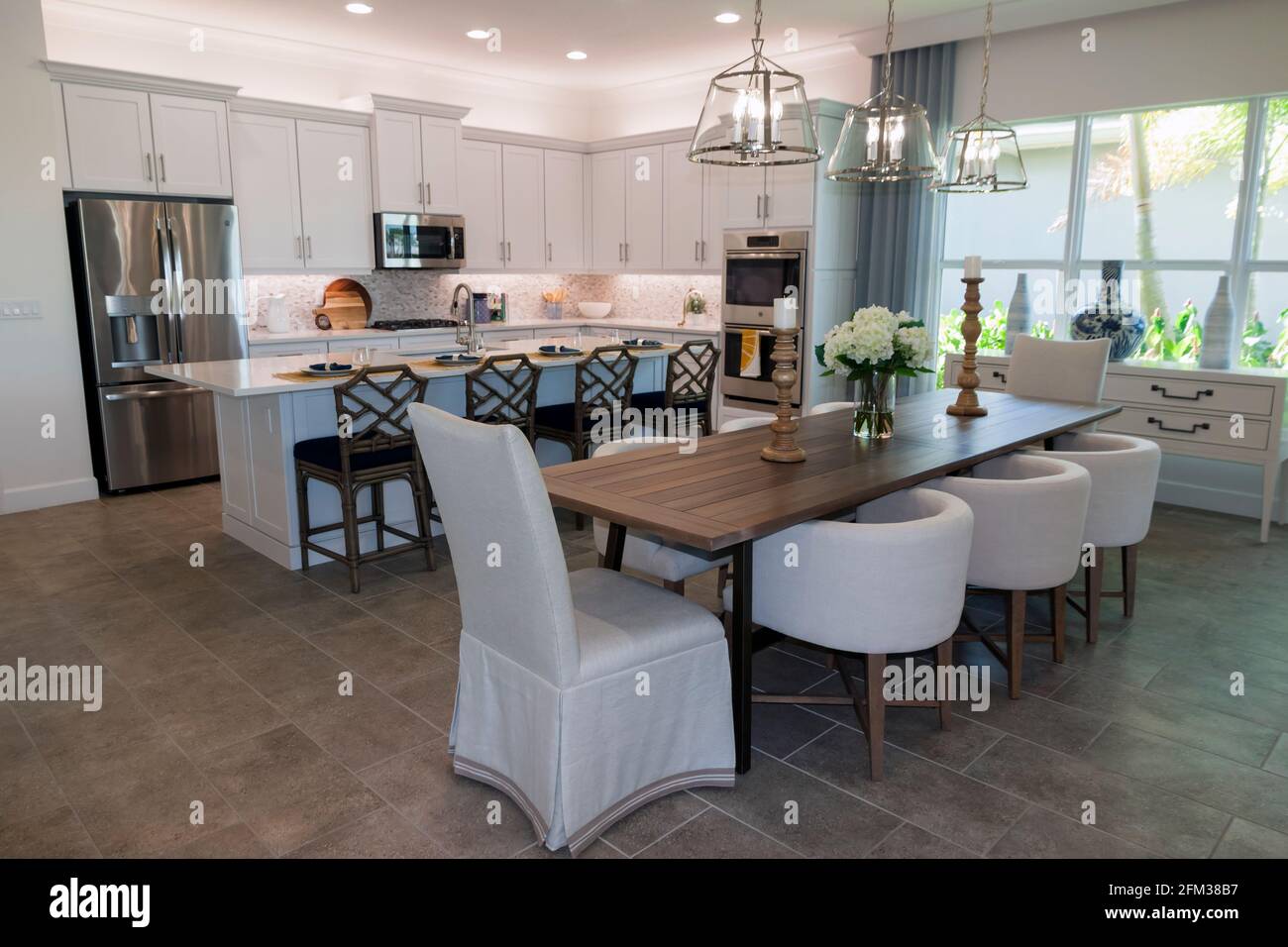 Kitchen and dining room open space concept home interior. Stock Photo