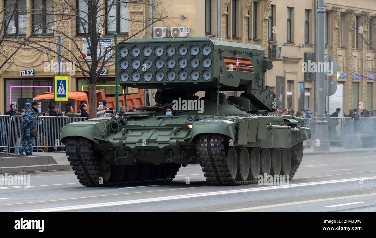 April 30 21 Moscow Russia Heavy Flamethrower System Tos 1a Solntsepyok On Tverskaya Street In Moscow Stock Photo Alamy