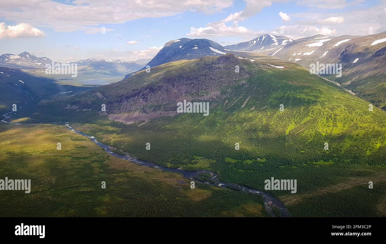 The view from a helicopter flying above Kungsleden, Sarek National park, Swedish Lapland. Stock Photo