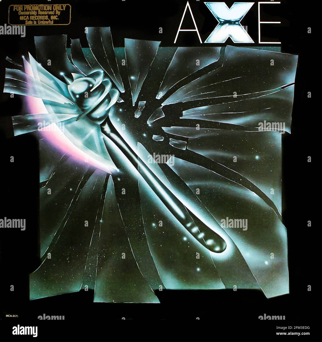 Hard rock artist, Axe music album on vinyl record LP disc. The record is self titled, from 1979 album cover Stock Photo