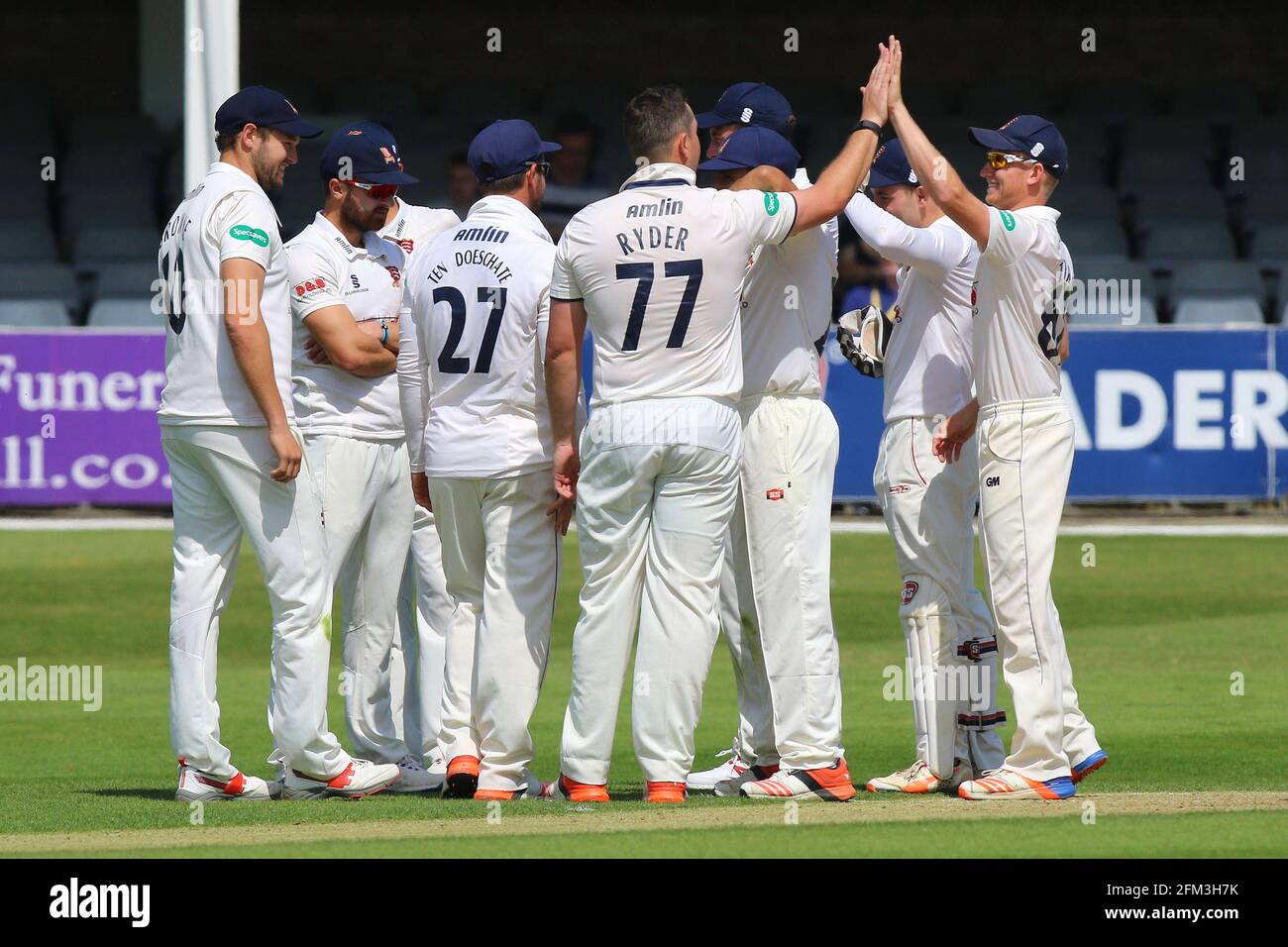 Jesse Ryder of Essex (77) is congratulated by his team mates after taking the wicket of Dinesh Chandimal of Sri Lanka during Essex CCC vs Sri Lanka, T Stock Photo