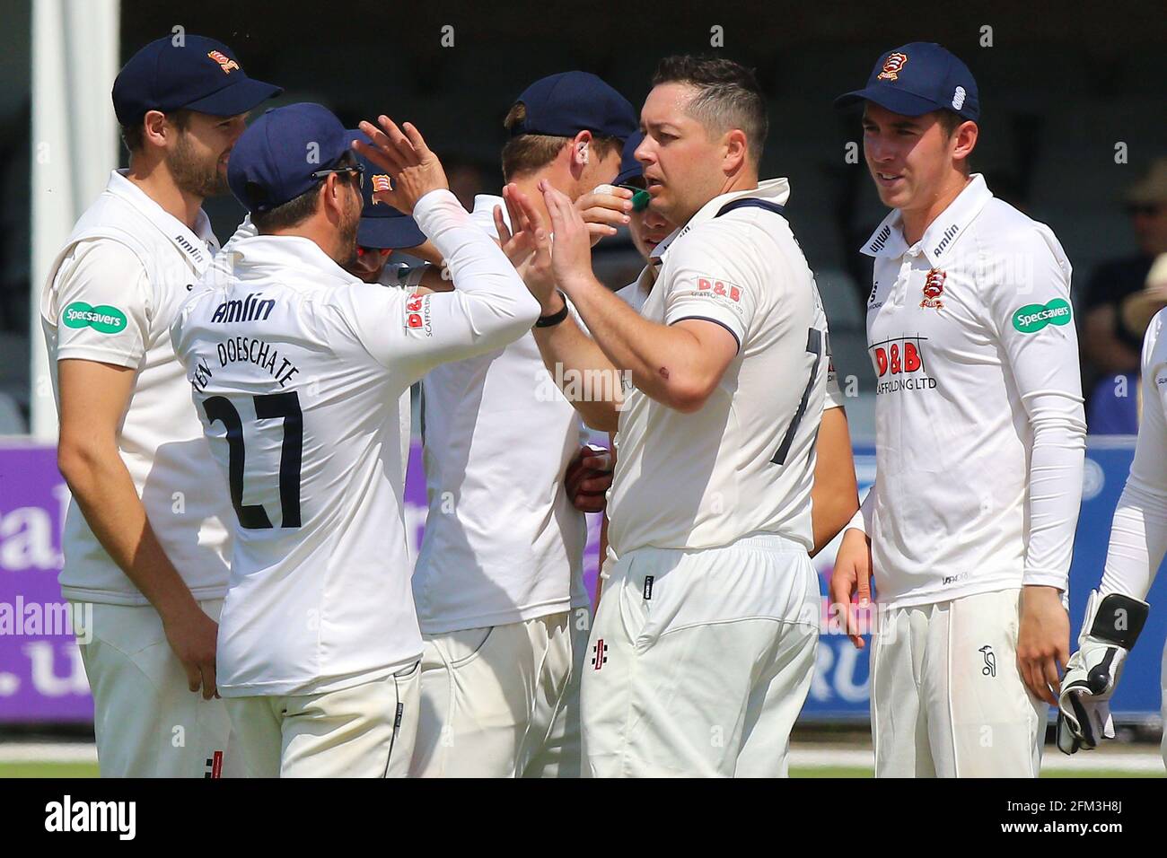 Jesse Ryder of Essex is congratulated by his team mates after taking the wicket of Dinesh Chandimal of Sri Lanka during Essex CCC vs Sri Lanka, Touris Stock Photo