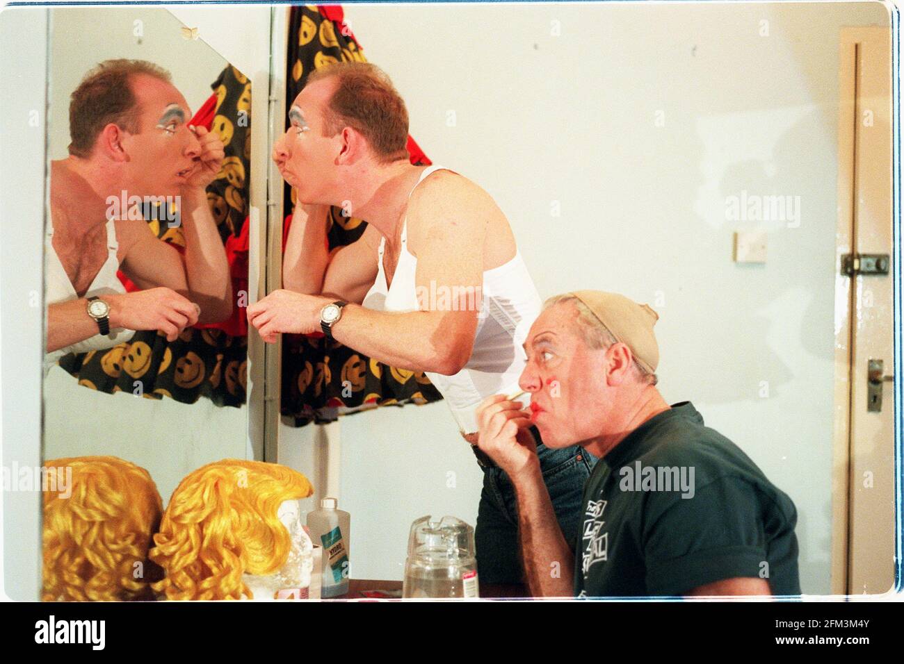 Actors James Horne  and Andrew Ryan who play ugly sisters Sharon and Tracey  preparing for a rehearsal of the pantomime Cinderella before their season opens at the Theatre Royal Bath on 19 December Stock Photo