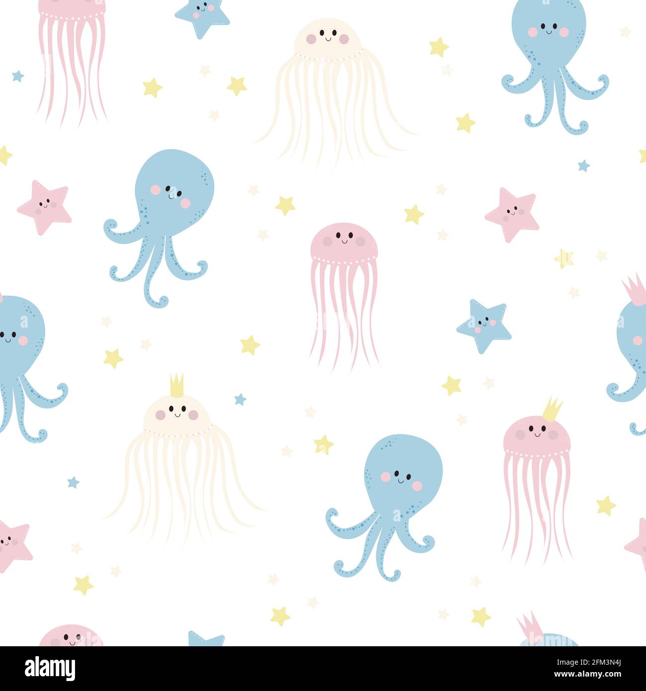 Seamless patterns with sea inhabitants. Cute starfishes, jellyfish and ...