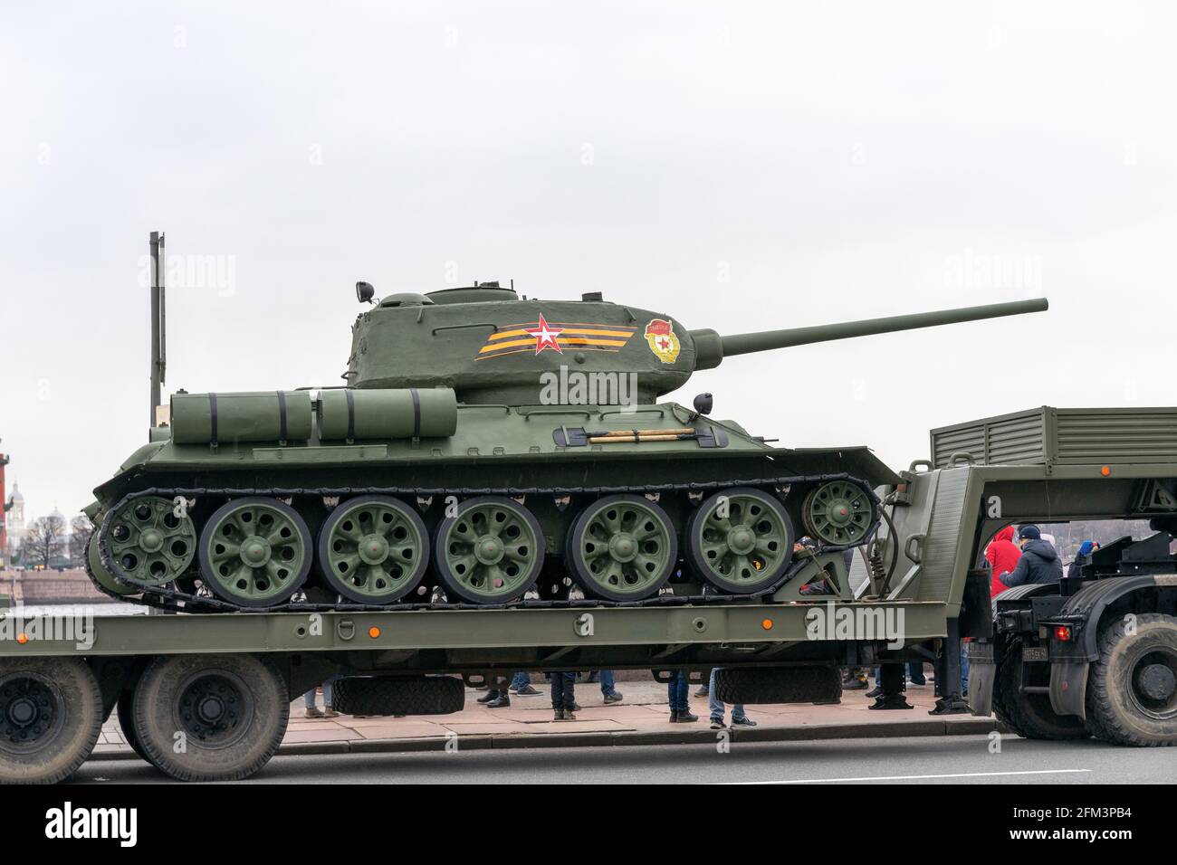 A restored Soviet T-34 tank is transported during the rehearsal of the parade for the 76th Victory Day in St. Petersburg, Russia Stock Photo