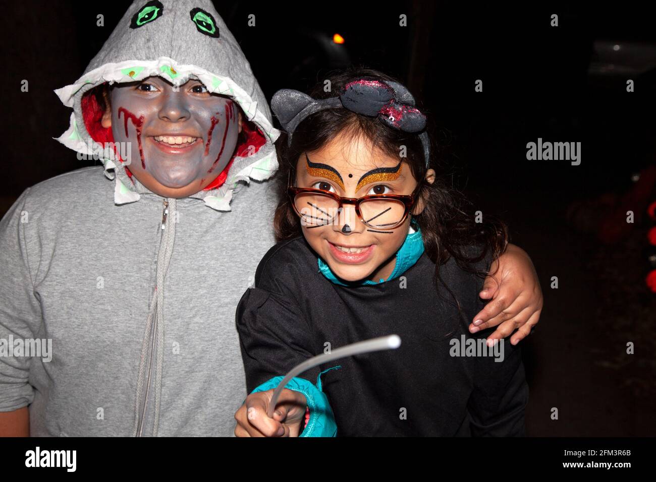 Halloween trick and treaters costumed as cat and ghoulish like dog. St Paul Minnesota MN USA Stock Photo
