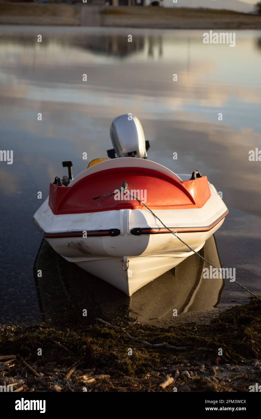 rubber Boat Waiting on the Clutha River at Sunrise Stock Photo